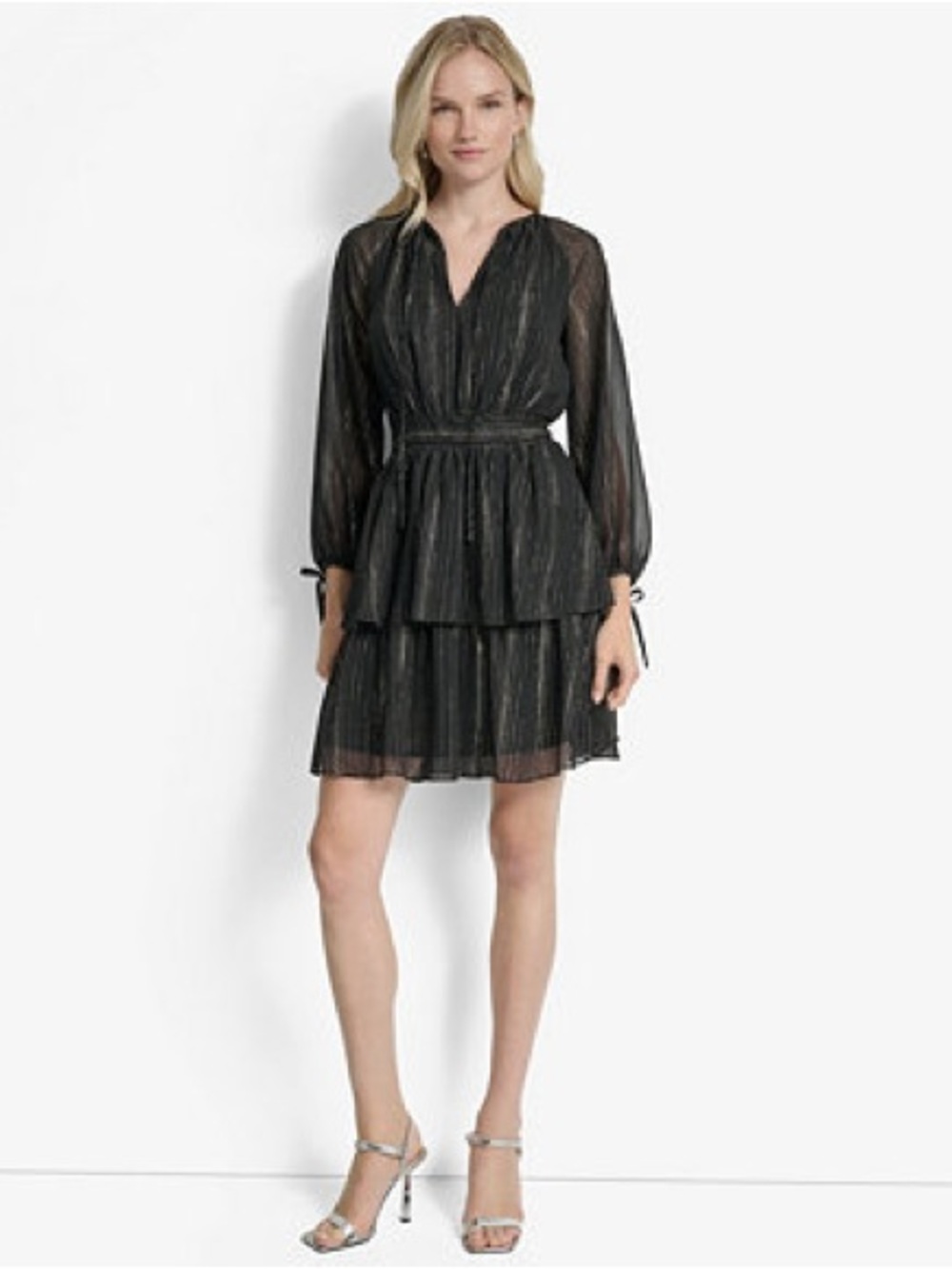 DKNY Black Metallic-Thread Tiered Mini Dress